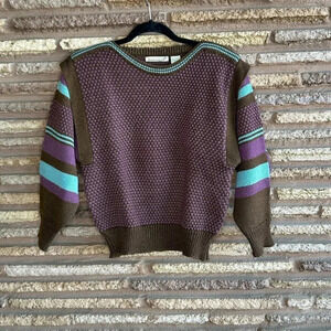 Vintage 90s Jason Maxwell Purple Brown Popcorn Knit Striped Sleeves Sweater